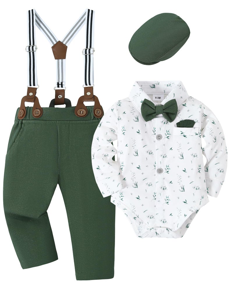 YALLET Baby Boy Outfits Suits Infant Formal Dress Clothes Gentleman Wedding Print ShirtBeret HatSuspender PantsBowtieGreen Print 36 Months - Image 2
