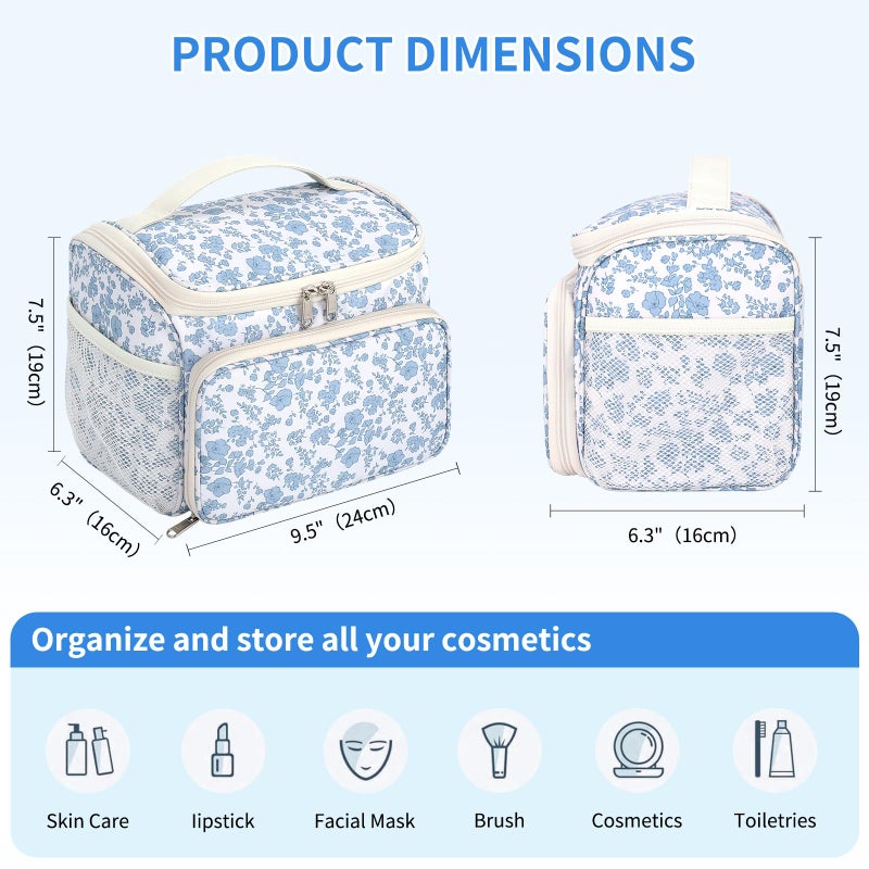 CUBETASTIC Makeup Bag Large, Floral Travel Make Up Case for Women with Removable Partitions & Multi-Pockets, Vertical Storage Cosmetic Pouch & Toiletry Bag (Floral Blue, Large) - Image 4