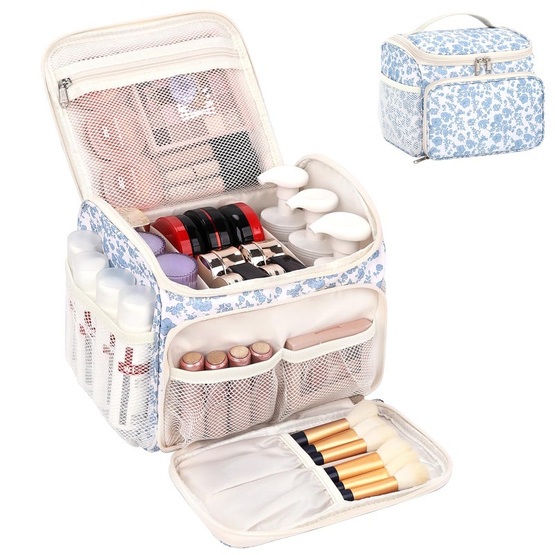 CUBETASTIC Makeup Bag Large, Floral Travel Make Up Case for Women with Removable Partitions & Multi-Pockets, Vertical Storage Cosmetic Pouch & Toiletry Bag (Floral Blue, Large) - Image 1