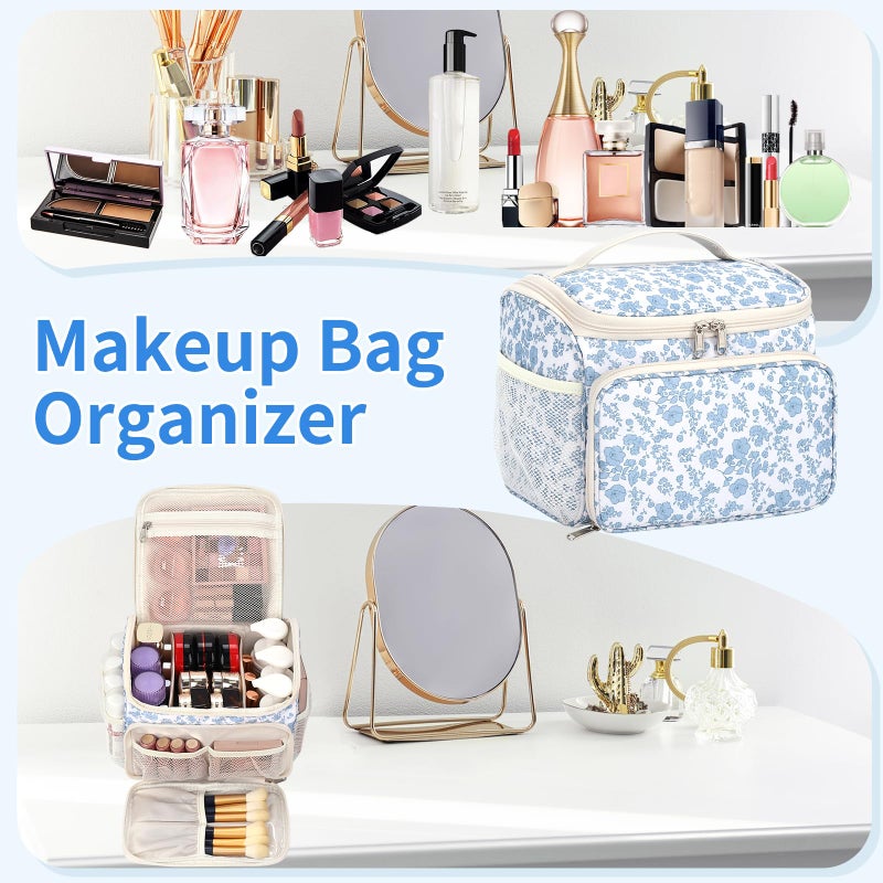 CUBETASTIC Makeup Bag Large, Floral Travel Make Up Case for Women with Removable Partitions & Multi-Pockets, Vertical Storage Cosmetic Pouch & Toiletry Bag (Floral Blue, Large) - Image 3