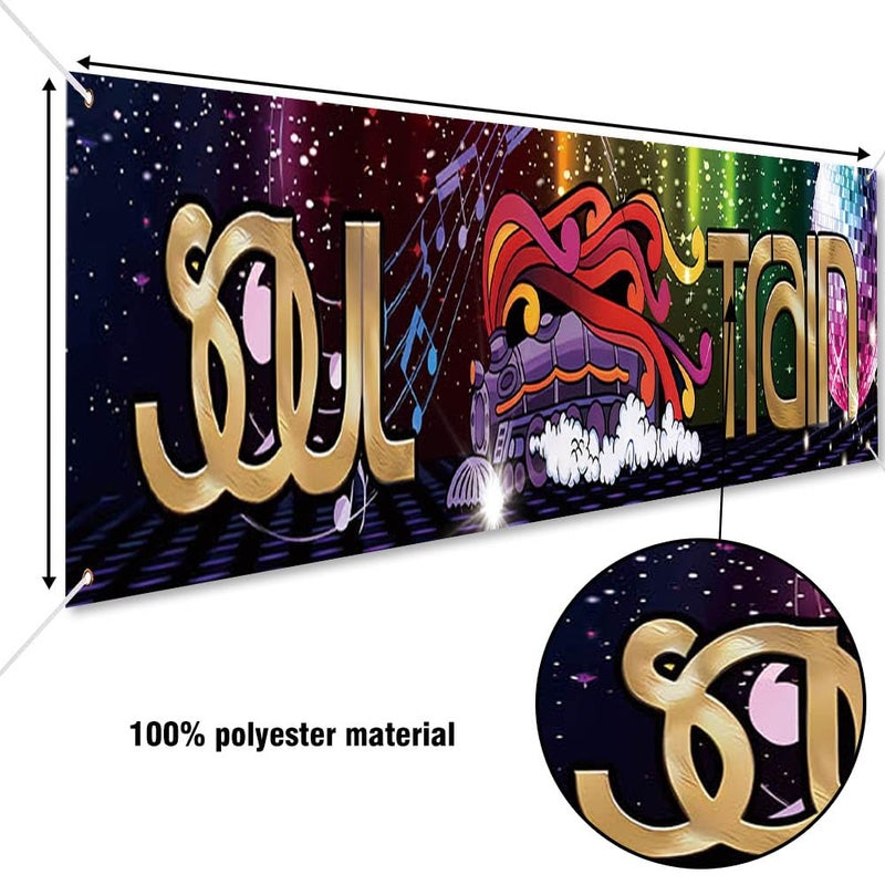 DOTOOMA 118 x 20 Inches 70s 80s Train Theme Yard Door Banner Sign Disco Party Decoration Banner Neon Light Flash Newborn Baby Show Birthday Party Cake Table Decoration Banner - Image 5