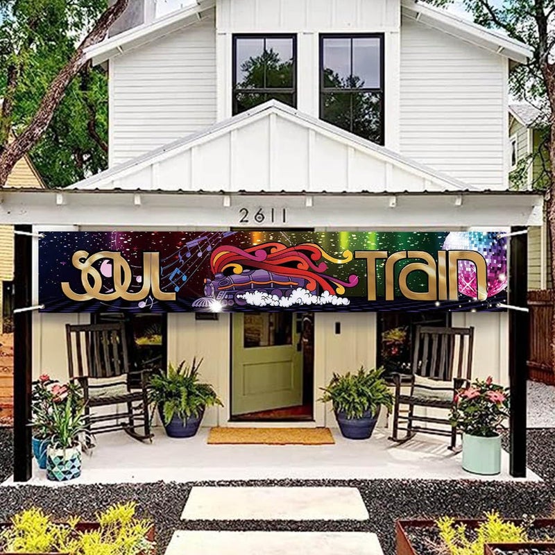DOTOOMA 118 x 20 Inches 70s 80s Train Theme Yard Door Banner Sign Disco Party Decoration Banner Neon Light Flash Newborn Baby Show Birthday Party Cake Table Decoration Banner - Image 2