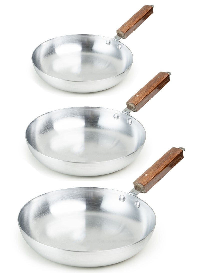 Shine Aluminum Frying Pan Set With A Wooden Handle, Consisting Of 3 Pieces, Various Sizes, 26cm/23.5cm/20.5cm - Image 1