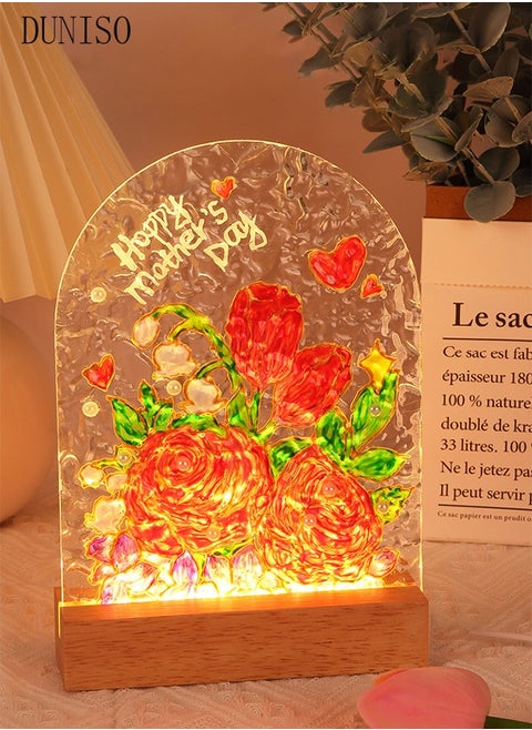 LED Note Board with Colors，Light Up Acrylic Dry Erase Board，Glass Painting DIY Writing Board，LED Night Light，with Stand，Painted，Brush，Palette，For Desk，Office，Cafe，School，Home