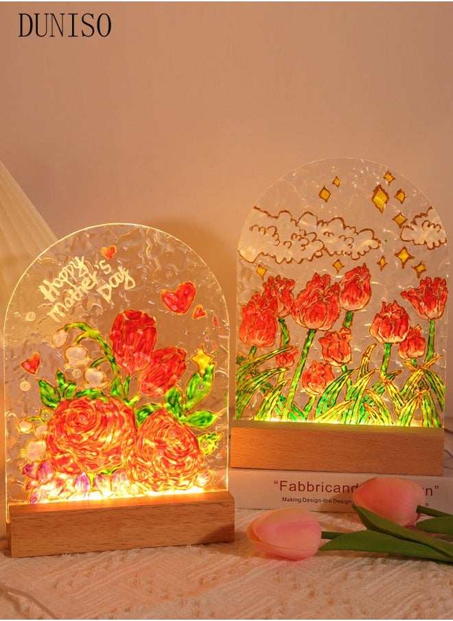 LED Note Board with Colors，Light Up Acrylic Dry Erase Board，Glass Painting DIY Writing Board，LED Night Light，with Stand，Painted，Brush，Palette，For Desk，Office，Cafe，School，Home