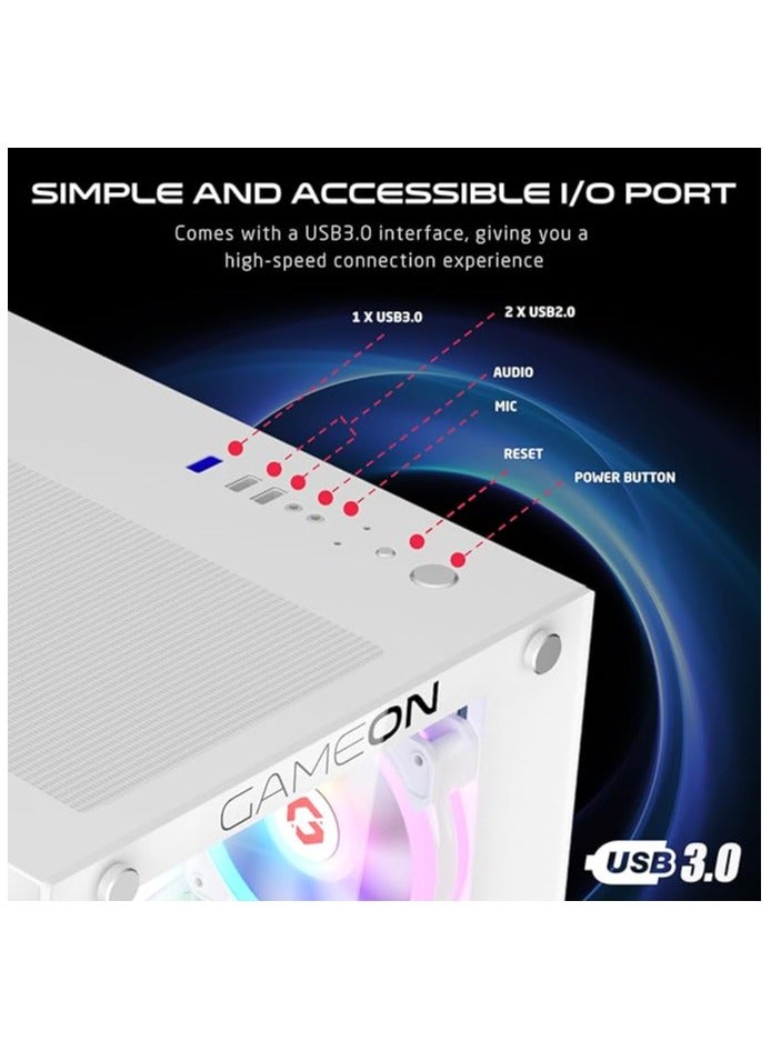 GAMEON Emperor Arctic Il Series Mid Tower PC Gaming Case 120mm ARGB+PWM Lighting Tempered Glass Pre-installed 7 RGB Cooling Fans Computer case Dust proof Wide Motherboard Compatibility White - Image 4