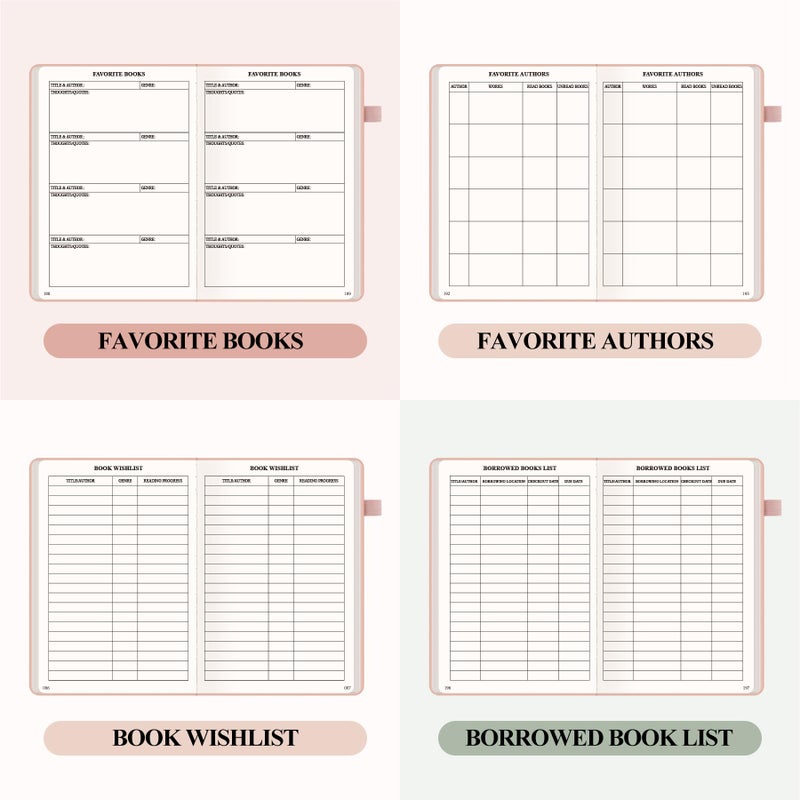 AKONEGE Reading Journal for Book Tracking - A5 PU Leather Book Journal Reading Log with 80 Reviews for Readers, Accessories with Sticky Tabs, Pen Holder, Ribbon Bookmarks, 5.6" x 8.3", Pink - Image 5