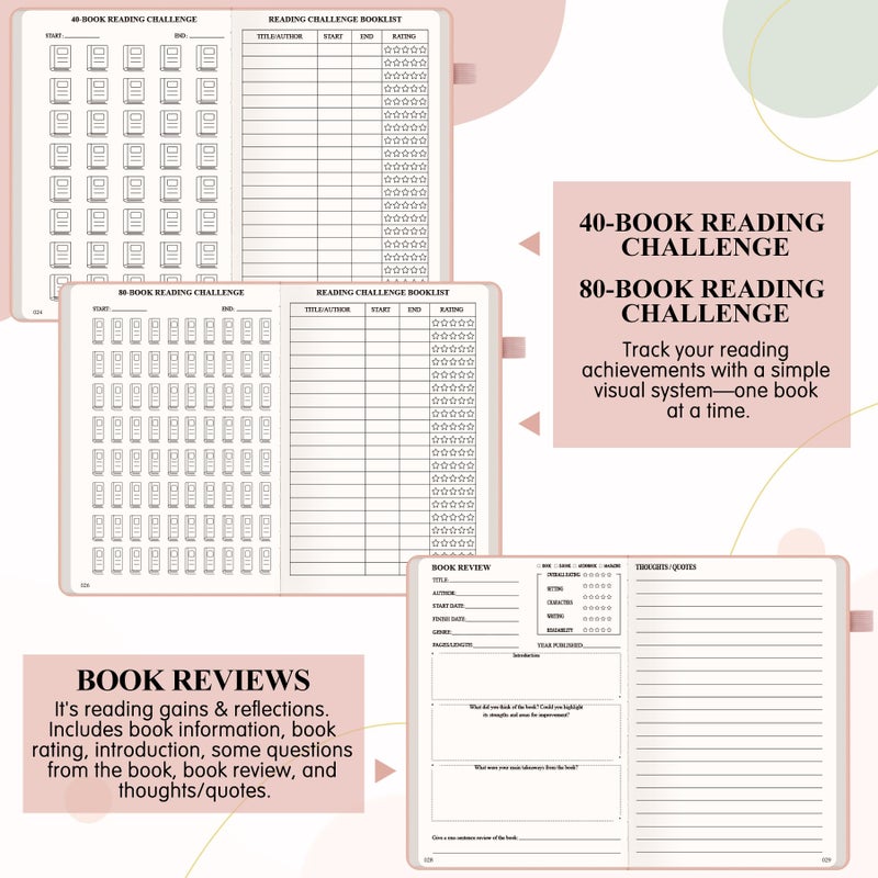 AKONEGE Reading Journal for Book Tracking - A5 PU Leather Book Journal Reading Log with 80 Reviews for Readers, Accessories with Sticky Tabs, Pen Holder, Ribbon Bookmarks, 5.6" x 8.3", Pink - Image 4