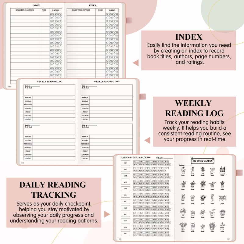 AKONEGE Reading Journal for Book Tracking - A5 PU Leather Book Journal Reading Log with 80 Reviews for Readers, Accessories with Sticky Tabs, Pen Holder, Ribbon Bookmarks, 5.6" x 8.3", Pink - Image 3