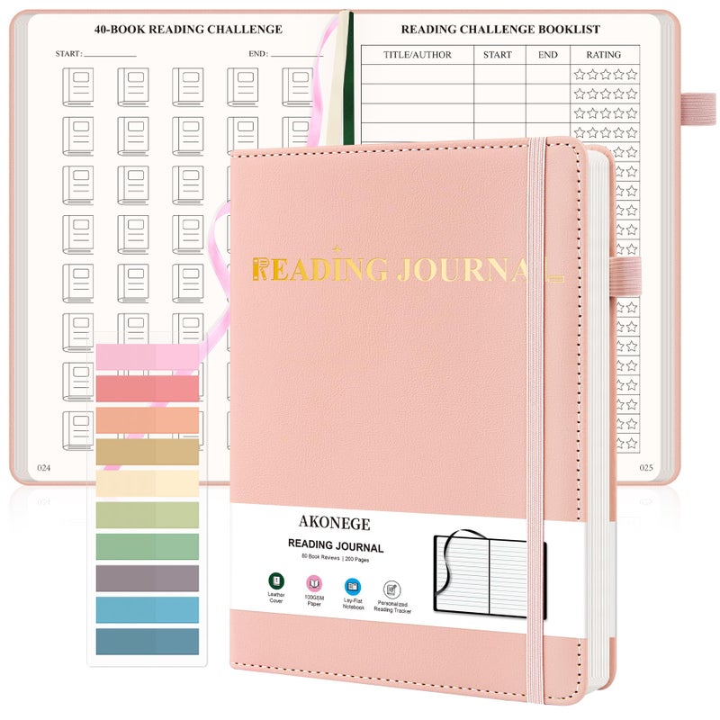 AKONEGE Reading Journal for Book Tracking - A5 PU Leather Book Journal Reading Log with 80 Reviews for Readers, Accessories with Sticky Tabs, Pen Holder, Ribbon Bookmarks, 5.6" x 8.3", Pink - Image 1