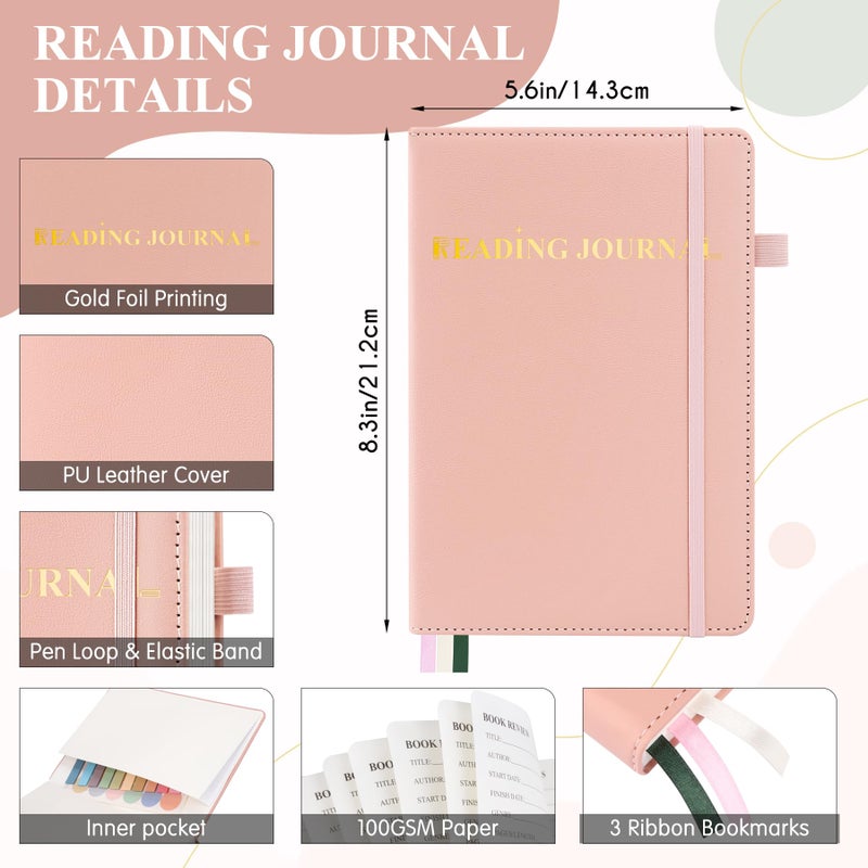 AKONEGE Reading Journal for Book Tracking - A5 PU Leather Book Journal Reading Log with 80 Reviews for Readers, Accessories with Sticky Tabs, Pen Holder, Ribbon Bookmarks, 5.6" x 8.3", Pink - Image 2