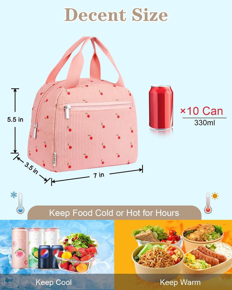 TENKIST Cute Lunch Box Tote Bag - CoolerCorduroy Insulated Bags for Women - Lightweight Reusable Portable Soft Lunch Pail Kit for Kids Teen Girl Adults Work School Picnic Travel Pink 8L - Image 2