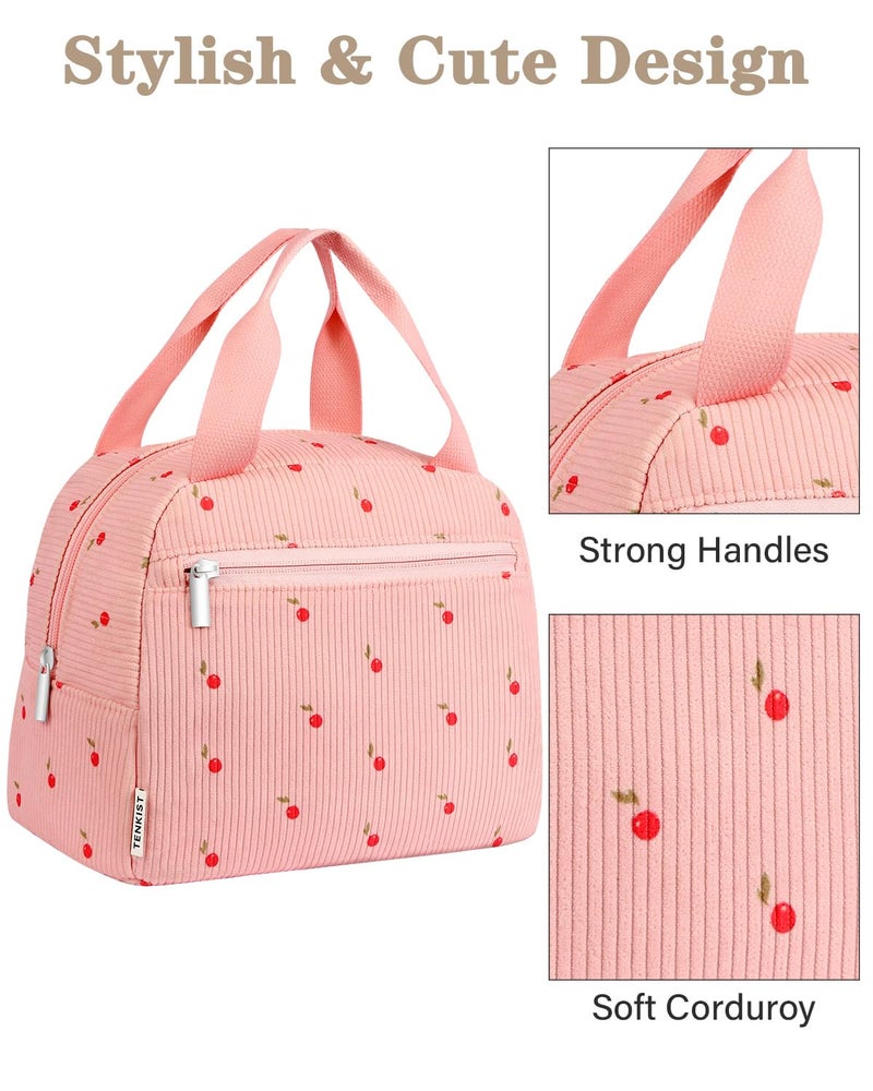 TENKIST Cute Lunch Box Tote Bag - CoolerCorduroy Insulated Bags for Women - Lightweight Reusable Portable Soft Lunch Pail Kit for Kids Teen Girl Adults Work School Picnic Travel Pink 8L - Image 4