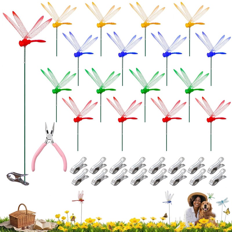 Jongdari 16 Sets Dragonfly Hat Clip Realistic Fake Dragonflies Clip-On Garden Outdoor Decor Stakes Plastic Dragon Fly Clips Plant Decorations for Pots, Includes Pliers & Clips - Small - Image 1
