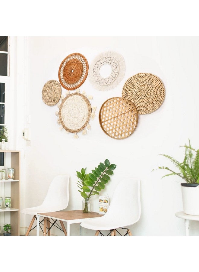 Nuenen Boho Wall Baskets Decor Set of 6 Flat Woven Basket Wall Hanging Decor Round Tassels Macrame Tapestry Wall Decor Art Rattan Wicker Seagrass Home Wall Baskets Decor(Classic Style) - Image 3