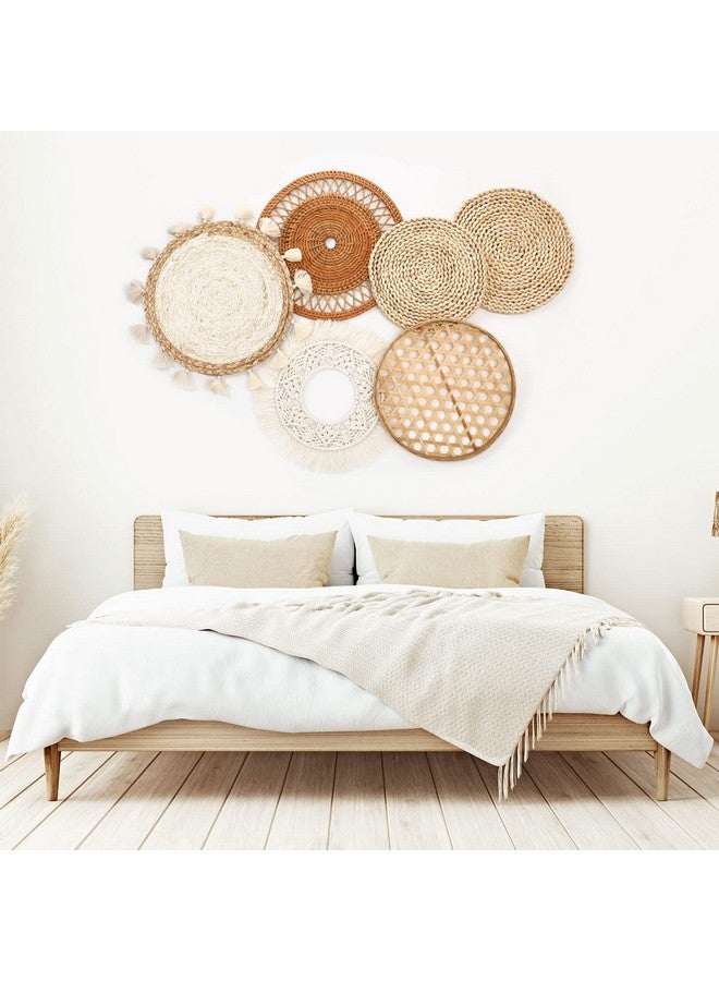 Nuenen Boho Wall Baskets Decor Set of 6 Flat Woven Basket Wall Hanging Decor Round Tassels Macrame Tapestry Wall Decor Art Rattan Wicker Seagrass Home Wall Baskets Decor(Classic Style) - Image 5