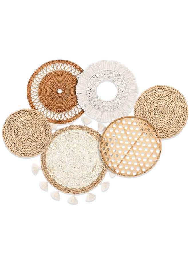 Nuenen Boho Wall Baskets Decor Set of 6 Flat Woven Basket Wall Hanging Decor Round Tassels Macrame Tapestry Wall Decor Art Rattan Wicker Seagrass Home Wall Baskets Decor(Classic Style) - Image 1