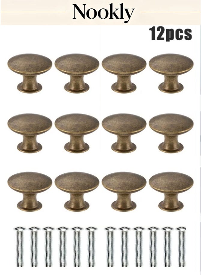 nookly 12 Pieces Cabinet Knobs, 30mm Round Mushroom Drawer Pulls with Screws, Zinc Alloy Vintage Furniture Knobs, Antique Style Cupboard Handles for Kitchen Wardrobe Dresser Bathroom, Antique Bronze - Image 1