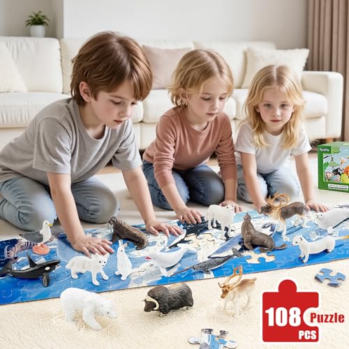 THINKBAY Arctic Animals Figurines Toys 16PCS Winter Polar Animals Figures 108 PCS Large Arctic Jigsaw Puzzles Toys for Preschool Kids Toddlers Ideal Gift for Boys and Girls - Image 5