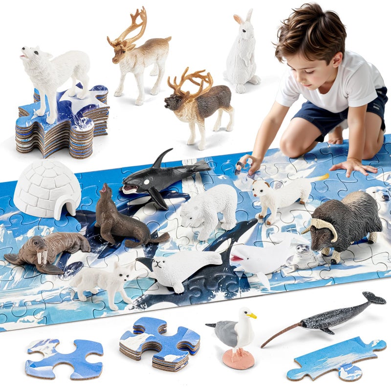 THINKBAY Arctic Animals Figurines Toys 16PCS Winter Polar Animals Figures 108 PCS Large Arctic Jigsaw Puzzles Toys for Preschool Kids Toddlers Ideal Gift for Boys and Girls - Image 3