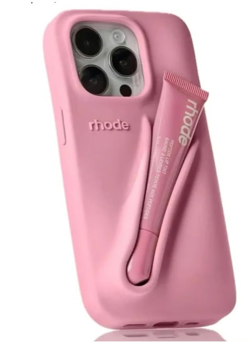 rhode iPhone 12/13 Pro Max Silicone Case Lip Holder for Cell Phone, Lip Gloss Adhesive Sleeve for Phone, Lip Holder Stick-on Phone Case, Back Stick On Holder for iPhone Phones (PINK) - Image 1