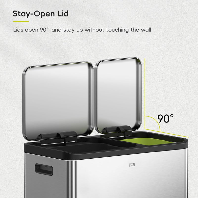 EKO EcoCasa Stainless Steel Dual Step Trash Can for Recycling, 30L+20L Rectangular Kitchen Trash Can, Independent Pedals and Lids, Soft Close and Fingerprint Resistant - Image 5