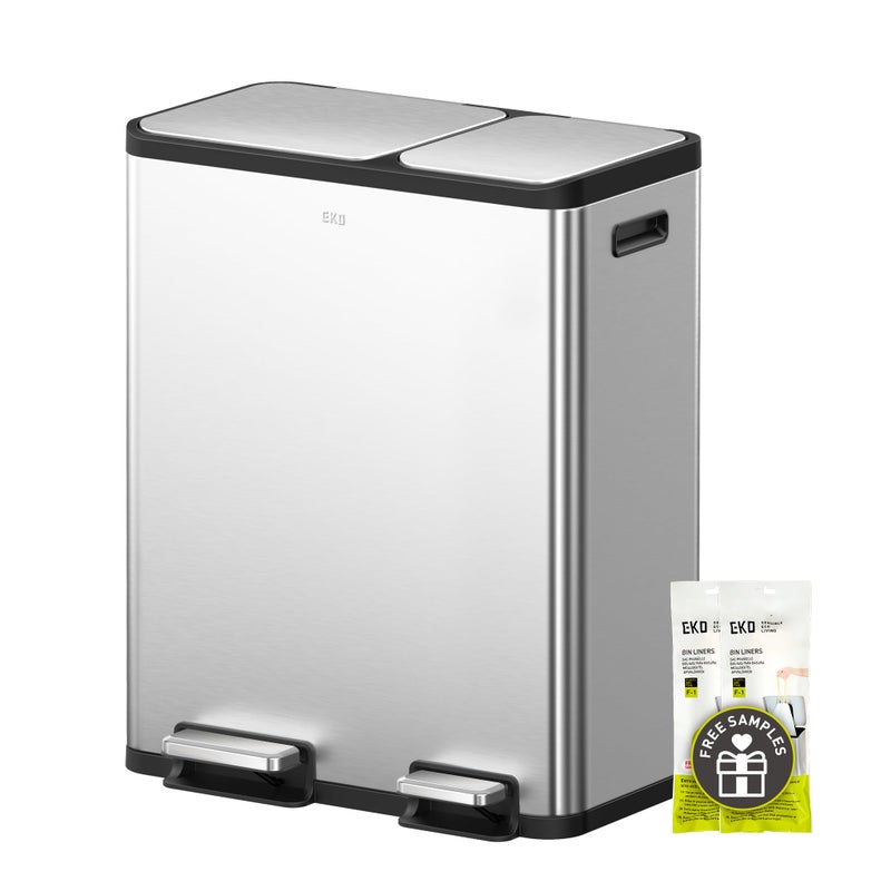 EKO EcoCasa Stainless Steel Dual Step Trash Can for Recycling, 30L+20L Rectangular Kitchen Trash Can, Independent Pedals and Lids, Soft Close and Fingerprint Resistant - Image 1