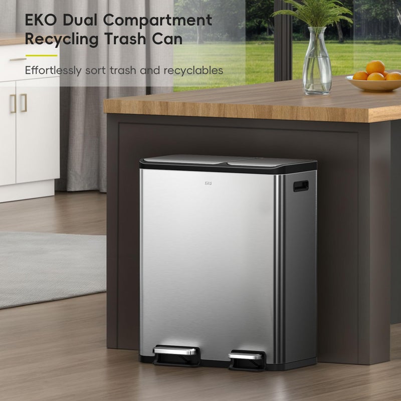 EKO EcoCasa Stainless Steel Dual Step Trash Can for Recycling, 30L+20L Rectangular Kitchen Trash Can, Independent Pedals and Lids, Soft Close and Fingerprint Resistant - Image 2