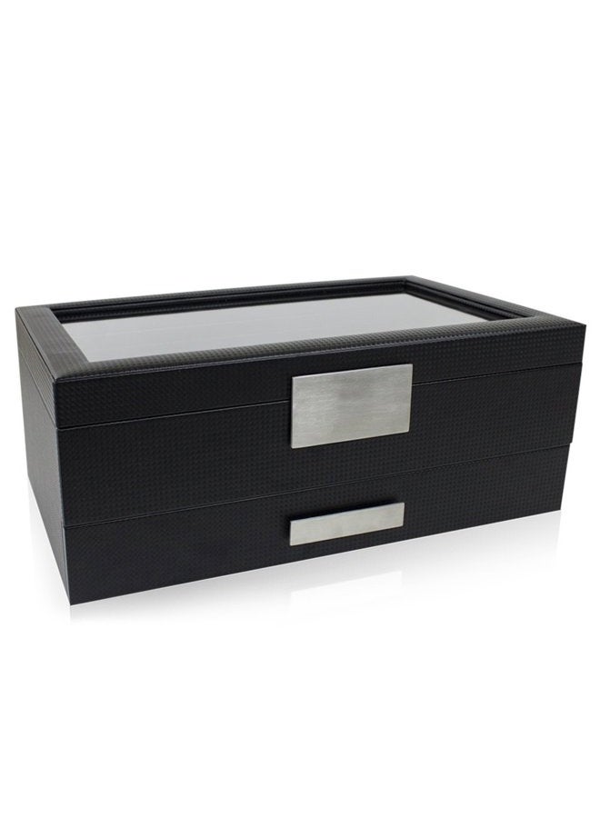 Glenor Co Watch Box with Valet Drawer for Men - 12 Slot Luxury Case Display Organizer, Carbon Fiber Design - Metal Buckle for Mens Jewelry Watches, Men's Storage Boxes Holder has Large Glass Top - Image 4