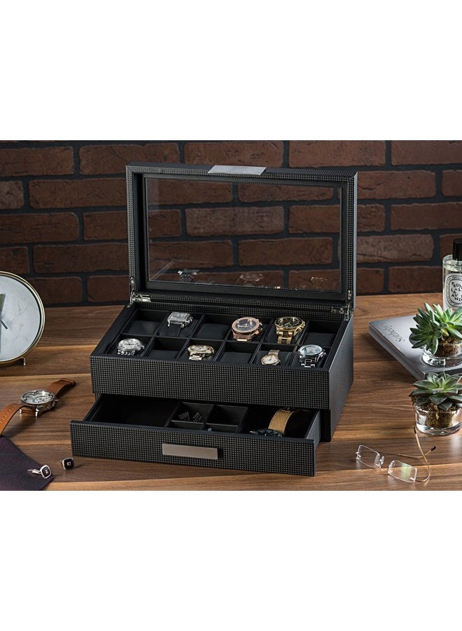 Glenor Co Watch Box with Valet Drawer for Men - 12 Slot Luxury Case Display Organizer, Carbon Fiber Design - Metal Buckle for Mens Jewelry Watches, Men's Storage Boxes Holder has Large Glass Top - Image 2