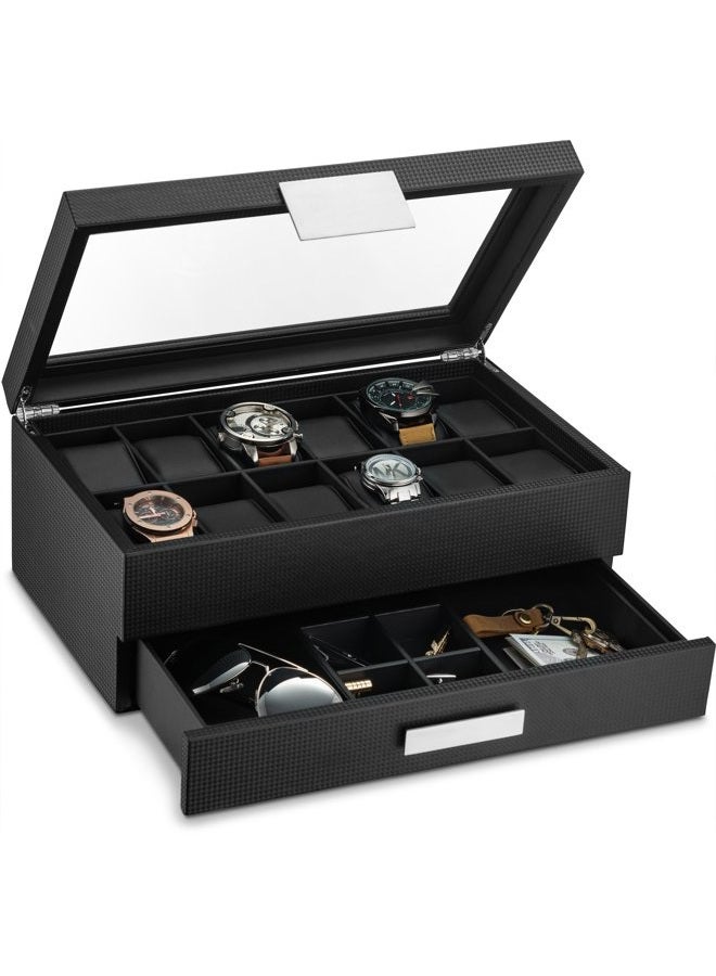 Glenor Co Watch Box with Valet Drawer for Men - 12 Slot Luxury Case Display Organizer, Carbon Fiber Design - Metal Buckle for Mens Jewelry Watches, Men's Storage Boxes Holder has Large Glass Top - Image 1