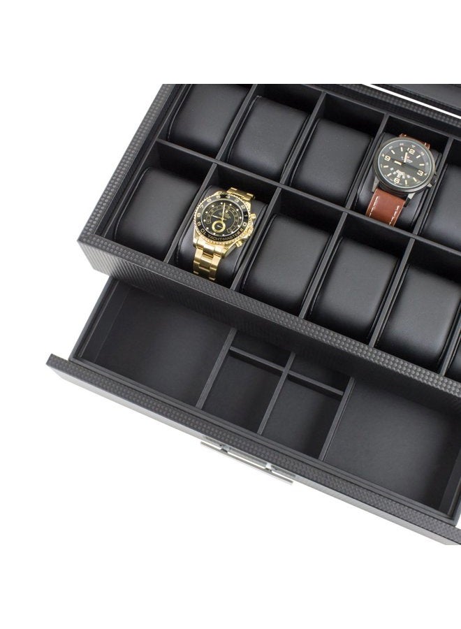 Glenor Co Watch Box with Valet Drawer for Men - 12 Slot Luxury Case Display Organizer, Carbon Fiber Design - Metal Buckle for Mens Jewelry Watches, Men's Storage Boxes Holder has Large Glass Top - Image 5