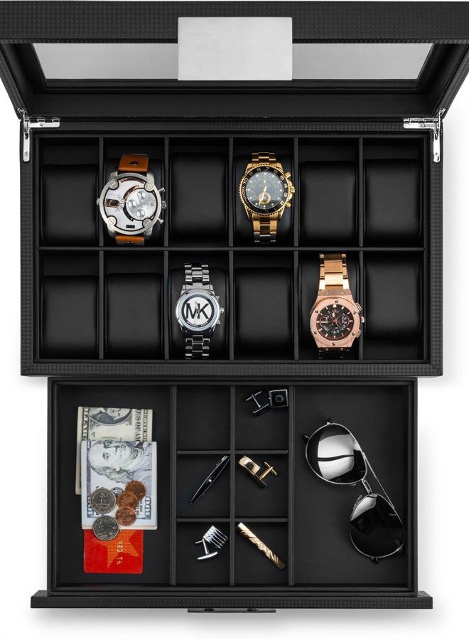 Glenor Co Watch Box with Valet Drawer for Men - 12 Slot Luxury Case Display Organizer, Carbon Fiber Design - Metal Buckle for Mens Jewelry Watches, Men's Storage Boxes Holder has Large Glass Top - Image 3