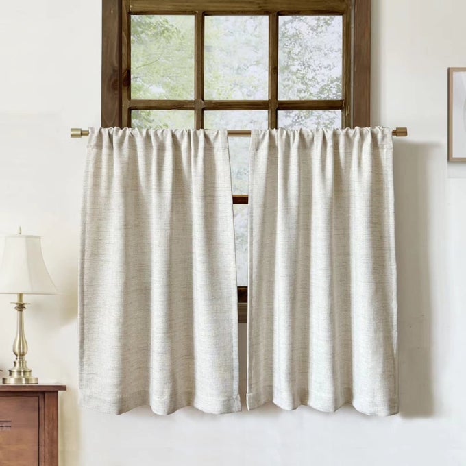 FAUX LINEN KITCHEN CURTAINS 36 INCH LENGTH CAFE CURTAIN TIERS FOR LIVING ROOM BATHROOM BASEMENT WINDOWS COUNTRY RUSTIC SMALL SHORT CURTAINS SET OF 2 NATURAL