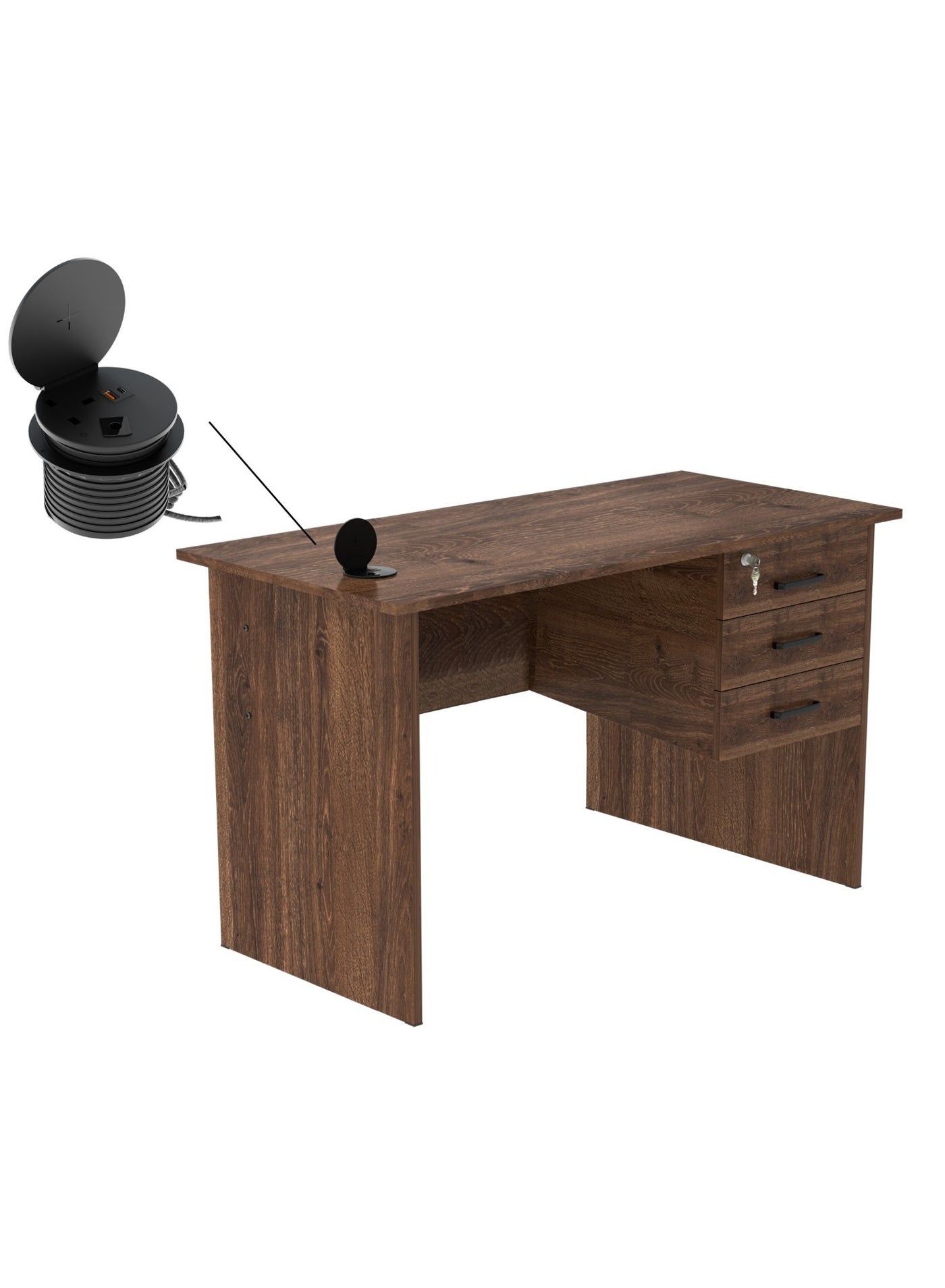 Mahmayi Solama MP1-1260 Writing Table with Hanging Drawers with 51-1H Round Desktop Power Module 1xUSB Slot & 1xEthernet utility port for Office Desk, Confernece Room Table - Brown