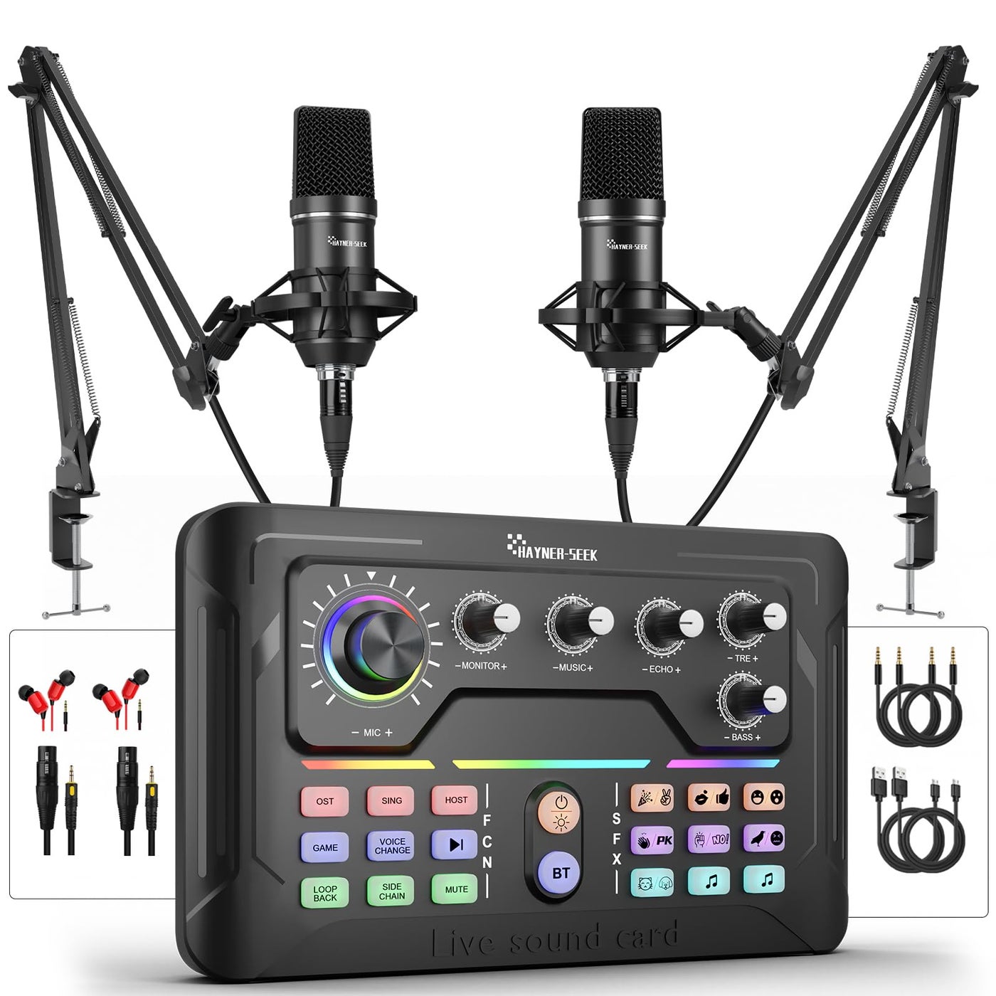 Podcast Equipment Bundle for 2 Audio Mixer with 35mm Podcast Microphone Voice Change DJ Mixer for Live Streaming Singing Gaming P900