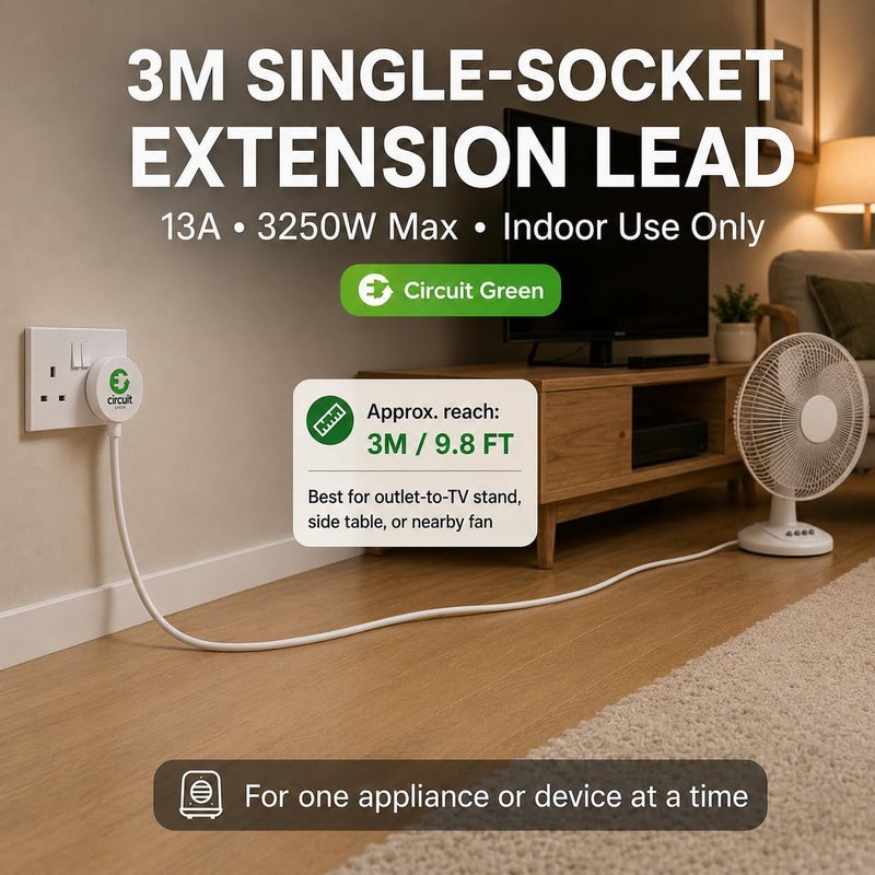 دائرة خضراء سلك تمديد 3M – مقبس واحد، UK ثلاثي السنون نوع G (BS1363)، 13A 3250W، أبيض مقاوم للحريق – للاستخدام الداخلي - Image 3