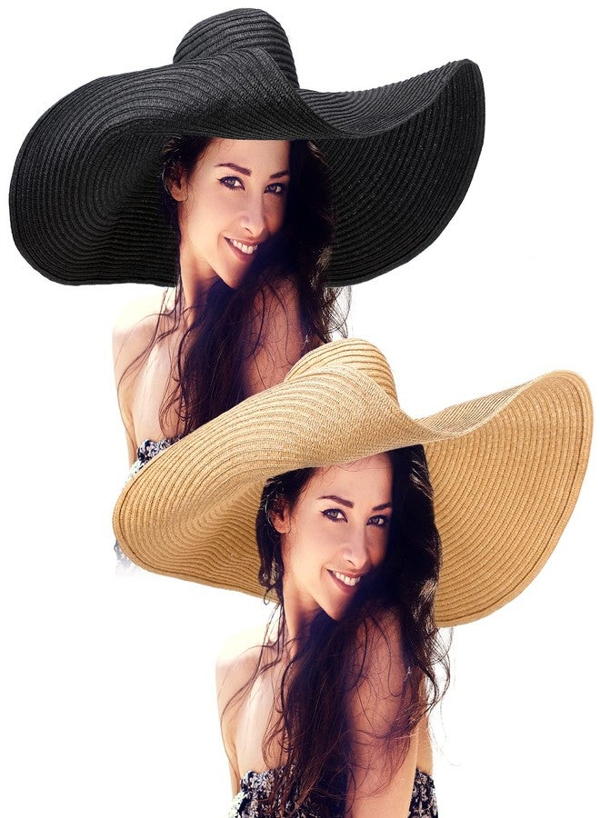 Sureio 2 Pcs Oversized Beach Hat for Women UV Protection Large Wide Brim Foldable Beach Hat Floppy Beach Cap for Summer Outdoor (Black and Brown) - Image 1