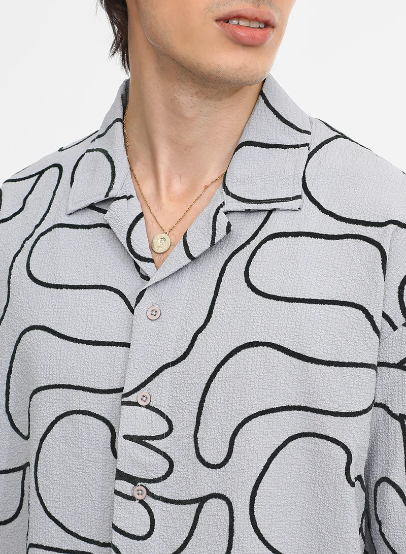 كامبوس سوترا Men's Cloud Grey Abstract-Lined Oversized Shirt