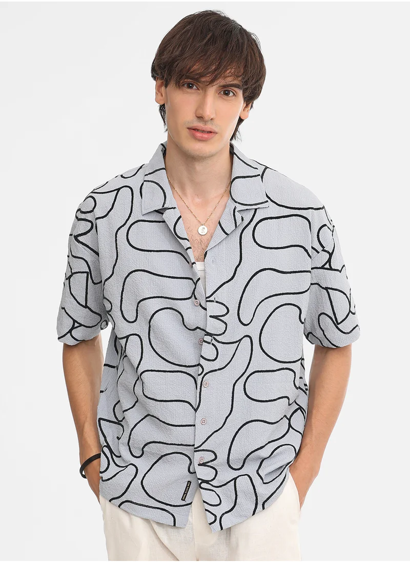 كامبوس سوترا Men's Cloud Grey Abstract-Lined Oversized Shirt
