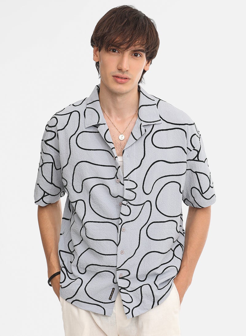 Campus Sutra Men's Cloud Grey Abstract-Lined Oversized Shirt  - Image 2