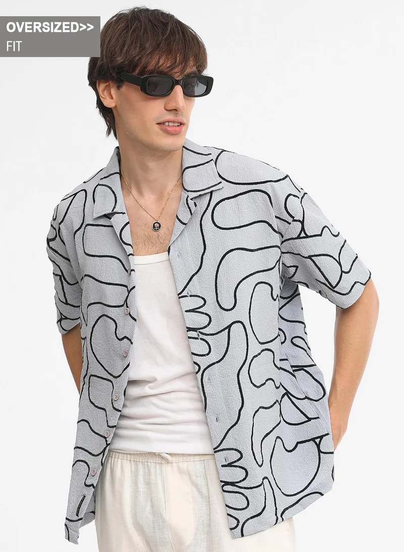 Campus Sutra Men's Cloud Grey Abstract-Lined Oversized Shirt