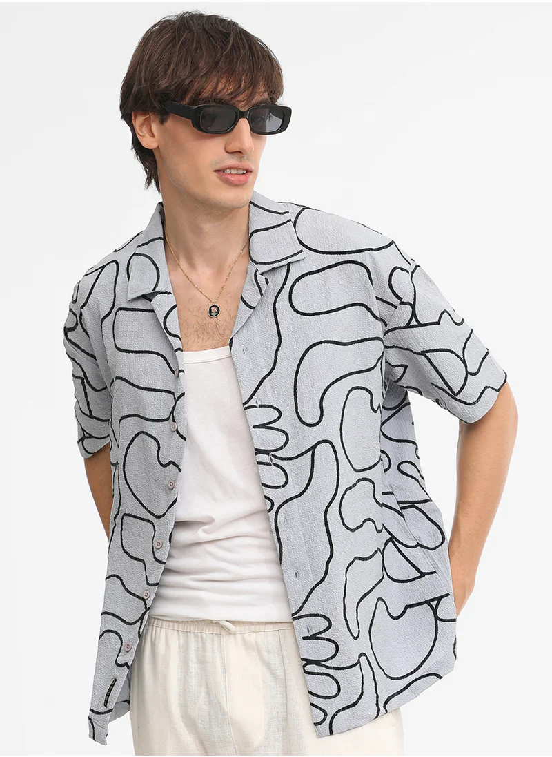 كامبوس سوترا Men's Cloud Grey Abstract-Lined Oversized Shirt