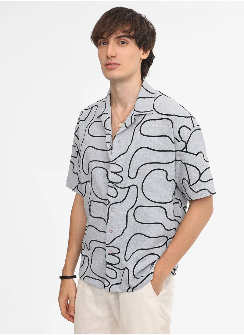 كامبوس سوترا Men's Cloud Grey Abstract-Lined Oversized Shirt
