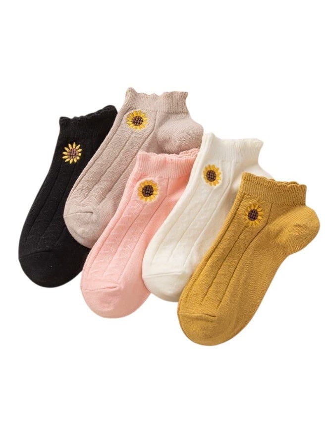 Women’s Ankle Socks – 6 Pairs Cotton Floral Embroidered Socks with Sunflower Design – Soft & Stylish Everyday Socks  - Image 1