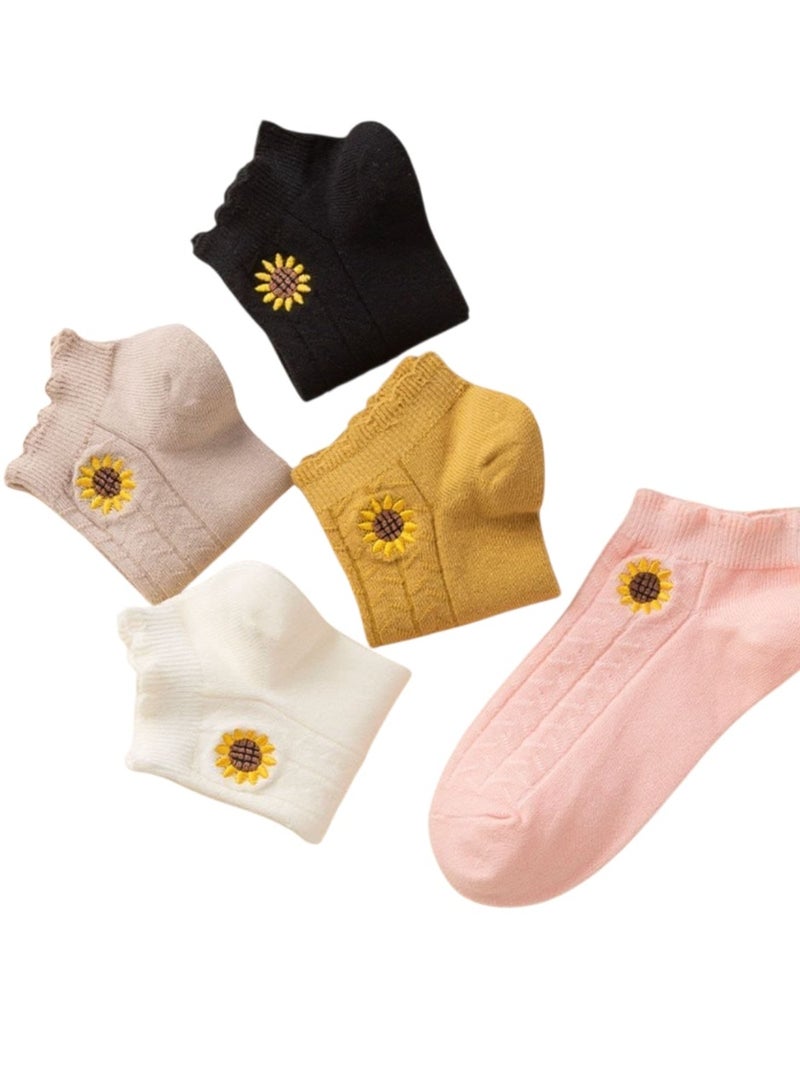 Women’s Ankle Socks – 6 Pairs Cotton Floral Embroidered Socks with Sunflower Design – Soft & Stylish Everyday Socks  - Image 2