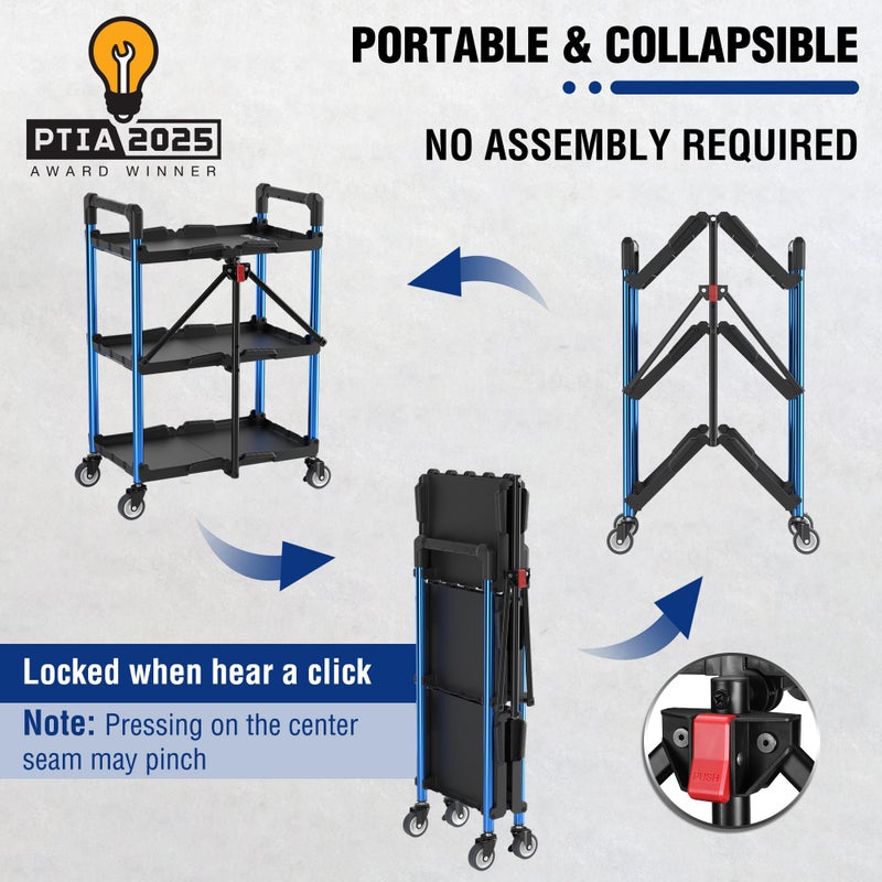 WORKPRO 3-Tier Collapsible Service Cart, 210 LBS Foldable Utility Service Cart with Wheels, Portable Tool Cart for Garage, Warehouse, Home, Restaurant, Office (No Assembly Required) - Image 2