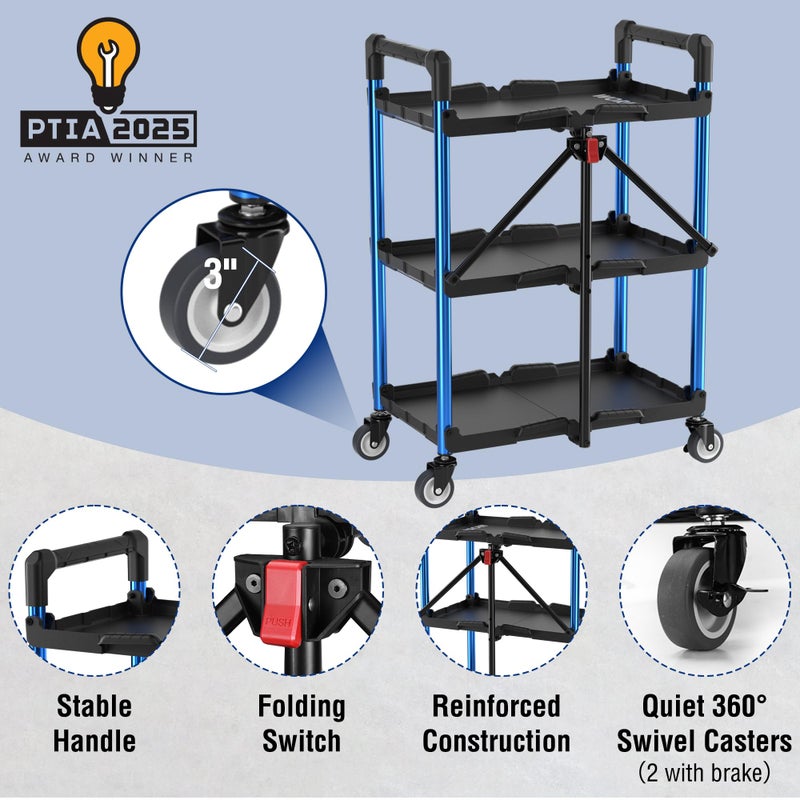 WORKPRO 3-Tier Collapsible Service Cart, 210 LBS Foldable Utility Service Cart with Wheels, Portable Tool Cart for Garage, Warehouse, Home, Restaurant, Office (No Assembly Required) - Image 5