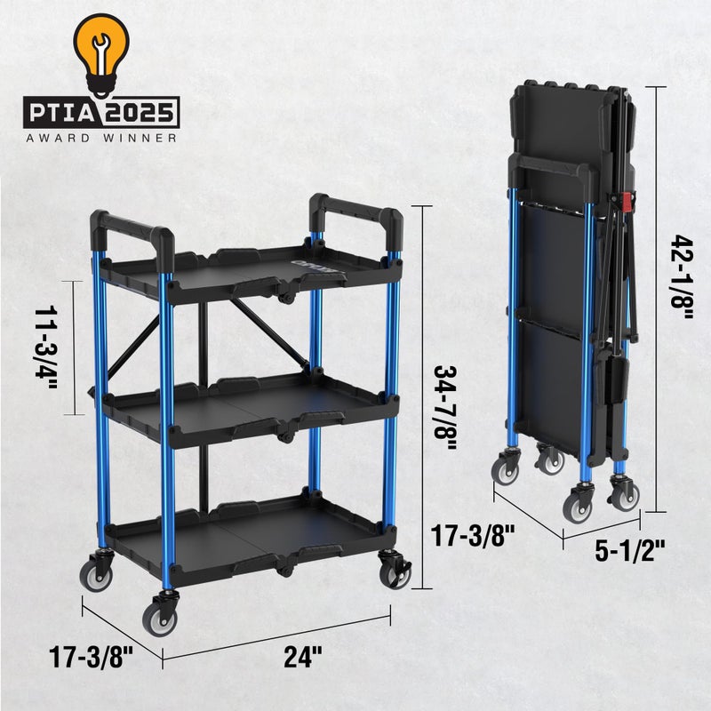 WORKPRO 3-Tier Collapsible Service Cart, 210 LBS Foldable Utility Service Cart with Wheels, Portable Tool Cart for Garage, Warehouse, Home, Restaurant, Office (No Assembly Required) - Image 3