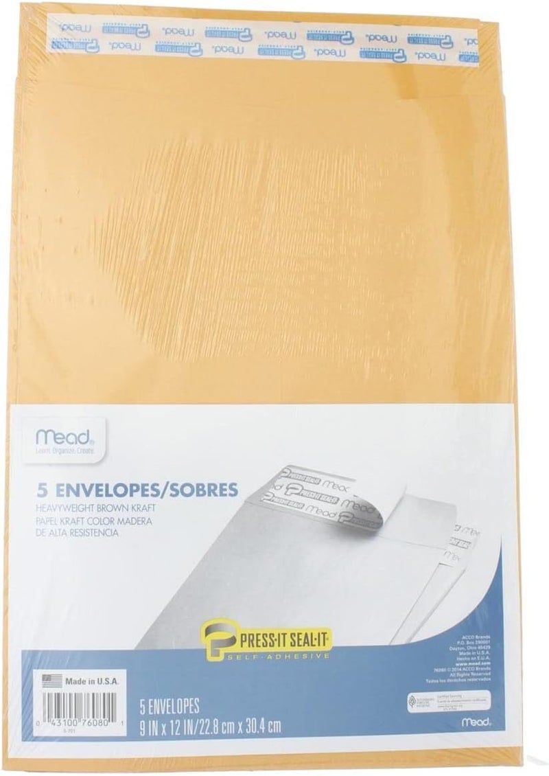 MEAD Press It-Seal-It Heavyweight Brown Kraft Envelopes - 9 x 12 Inches, Self-Adhesive, Pack of 5 - Image 3
